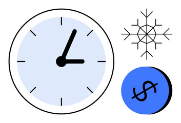 Clock with black hands, snowflake, and dollar sign on blue circle. Ideal for time management, financial planning, budget control, seasonal savings, productivity efficiency winter planning. Abstract