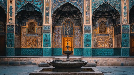 Obraz premium Traditional Persian house with ornate tilework, arched windows, and a tranquil central fountain in the courtyard 