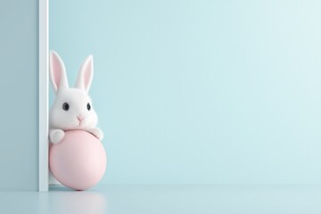 Obraz premium White Bunny Peeking Over Pastel Pink Easter Egg Against Soft Background. Minimalistic and Adorable Composition Highlighting Playful Holiday Spirit. Ideal for Easter and Spring Themes. AI generated