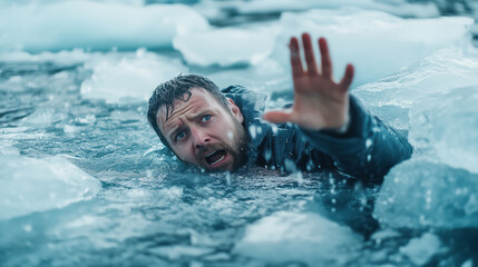 A man fell through the ice and is drowning, asking for help. It is dangerous to walk on ice in winter.