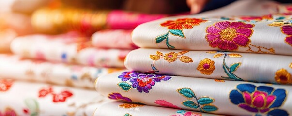 Chinese new year shopping concept. Beautifully crafted fabric with intricate floral patterns and vibrant colors.