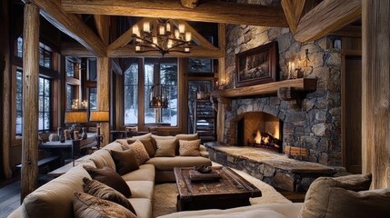 Rustic living room featuring wooden beams, a stone fireplace, a plush sofa, and vintage decor for a cozy cabin feel.