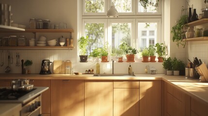 Fototapeta premium Scandinavian kitchen with light wood finishes, potted plants, and a simple, open layout for a natural and airy ambiance.