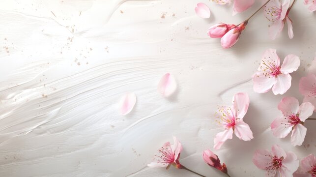 Pink blossoms on textured white background, springtime, banner design - Powered by Adobe