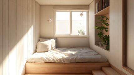 Fototapeta premium Scandinavian-style bedroom with a minimalist bedframe, soft pastel tones, and a cozy reading nook by the window.