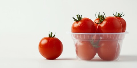 Fresh red tomatoes displayed in a plastic cup, vividly showcasing the tomatoes against a clean white background, highlighting the vibrant color and freshness of the tomatoes.