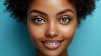 A close-up of a smiling woman with a glowing face, expressing confidence and joy, ideal for wellness or beauty-related content.