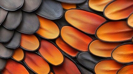 Ultra-detailed photograph of a monarch butterfly wing scale, microscopic ridge structures visible, vibrant orange pigments and black border in focus, exquisite detail