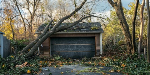 A garage is partially covered by a fallen tree after a major storm event, illustrating the impact of severe weather on residential properties and outdoor spaces, highlighting the aftermath of such