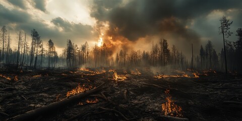 Dramatic landscape showcasing the aftermath of a fire, illustrating the stark transformation of the environment. This dramatic landscape captures the resilience and changes following fire events.