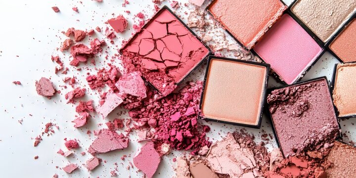 Worn and broken eyeshadow palette displayed on a white background from a top view, showcasing the shattered makeup components of the eyeshadow for creative use or reference.