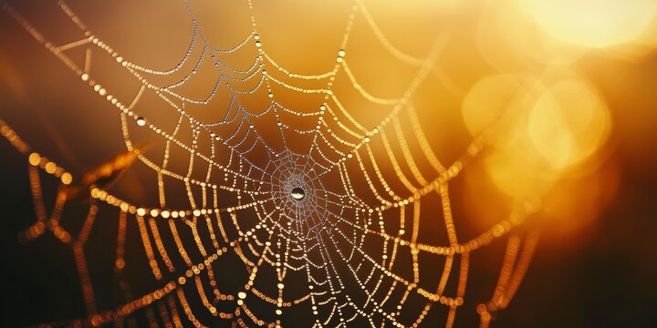 Close up of a spider web adorned with water drops in the early morning light, showcasing the intricate details of the spider web and the beauty of nature s delicate creations. - Powered by Adobe