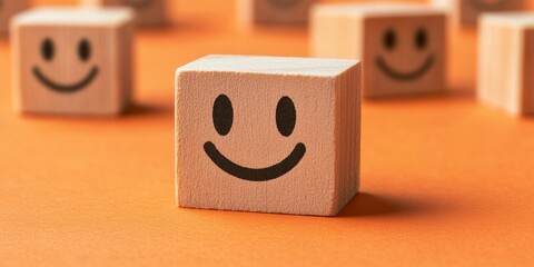 Wooden blocks featuring a happy face symbolize customer satisfaction on an orange background. These wooden blocks represent an evaluation of increase in ratings and excellent service experience.