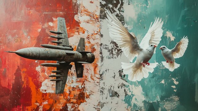 A missile and a dove symbolize the choice between war and peace.