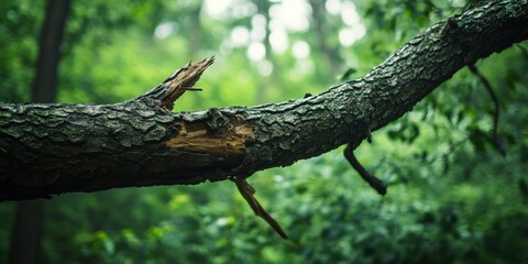Close up view of a fallen tree branch, showcasing the snapped end as a result of severe weather events. The tree branch serves as a reminder of the impact of powerful storms on nature.