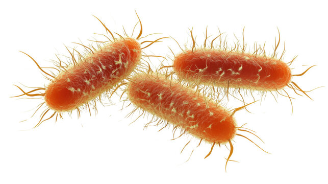 Close-up of a red and yellow worm with isolated red cells, showing details of its hairy body on a white background