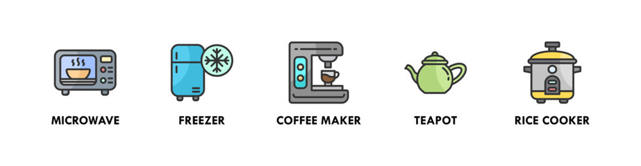 Kitchen Set banner web icon illustration concept with icon of microwave, freezer, coffee maker, teapot, and rice cooker
