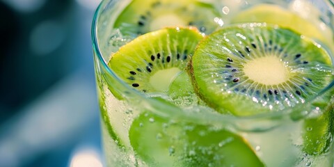 Refreshing glass of kiwi infused water, showcasing vibrant kiwi flavors. This close up of kiwi infused water highlights the natural essence and aesthetic appeal of this delightful beverage.