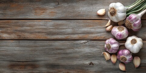 Garlic cloves and garlic bulb showcased on a rustic wooden table, emphasizing the garlic s role as a spicy cooking ingredient and a natural herbal medicine vegetable. Perfect for culinary themes.