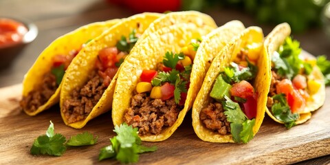 Tasty Mexican tacos served with fresh tomato and cilantro create a delightful culinary experience. Enjoy the rich flavors of these Mexican tacos complemented by the vibrant ingredients.