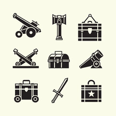 Military equipment icons representing historical weapons and tools for warfare and defense strategies
