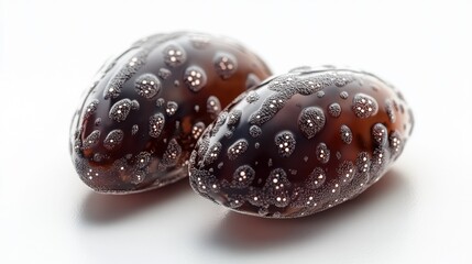 A close-up of bacteria dividing through binary fission, with clear details and dynamic positioning, on a pure white background.