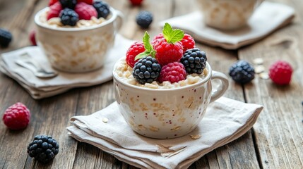 Oatmeal served in a cup, topped with fresh berries, elegantly arranged on napkins atop a wooden table, showcasing a delicious and wholesome breakfast idea with oatmeal.