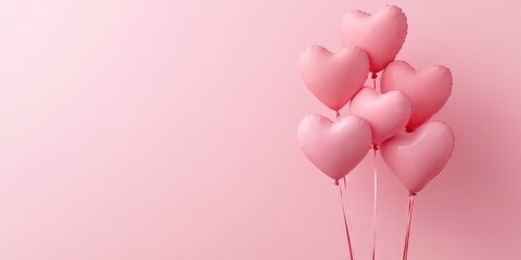 Heart shaped balloons are set against a pink backdrop, leaving ample empty space around them for a soft and gentle aesthetic.