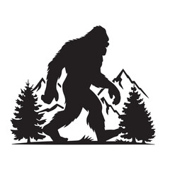 Bigfoot Silhouette Vector illustration. Squatchin. Gorilla. Bigfoot Yeti Black Isolated On White Vector Design