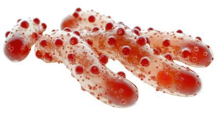 A close-up of bacteria dividing through binary fission, with clear details and dynamic positioning, on a pure white background.