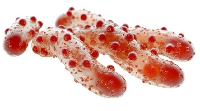 A close-up of bacteria dividing through binary fission, with clear details and dynamic positioning, on a pure white background.