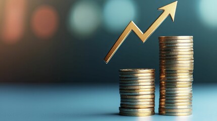Stacked Coins with Rising Arrow on White Background Showing Financial Growth and Success Concept.