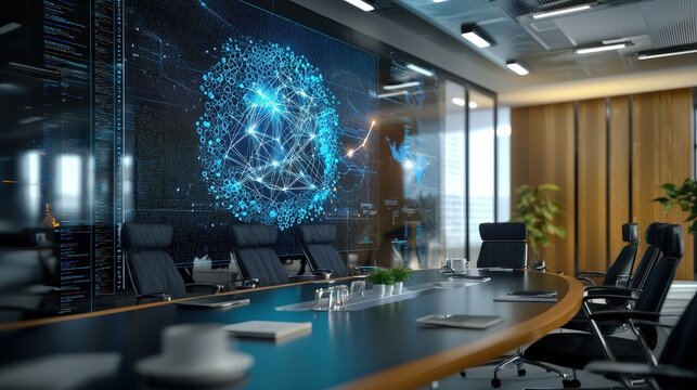 Ultra-sharp image of a high-tech meeting room, holographic presentation, glass walls
