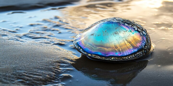 Closeup of an abalone shell resting on wet sand, showcasing the stunning colors and textures of the abalone shell, beautifully contrasted against the shiny wet sand beneath.