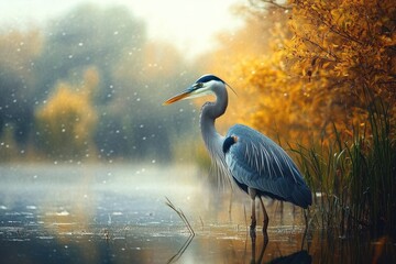 Fototapeta premium Experience peaceful beauty of a marsh as a graceful blue heron exudes