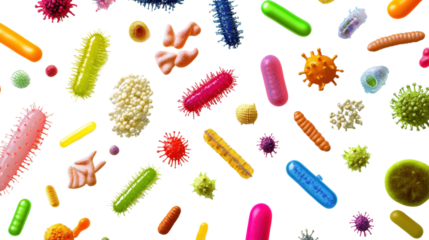 Colorful bacteria on white background representing health and medicine.