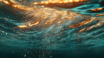 Abstract flow of mocha-colored glitter particles underwater, with a soft focus and shimmering depth, exuding elegance and warmth.