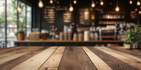 Empty wooden table with a blurred coffee shop interior background creates a perfect setting for product display. Use the empty wooden table for montages or to showcase your products effectively.