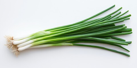 Green onion displayed in isolation on a white background. A top view flat lay showcasing the vibrant green onion, highlighting its fresh appearance and unique texture for culinary use.
