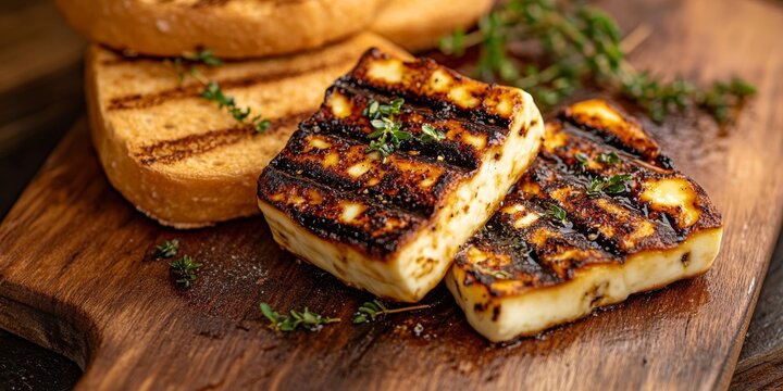 Grilled haloumi cheese squares alongside halved burger bread, showcasing the delightful combination of haloumi cheese and grilled flavors for a delicious meal experience.