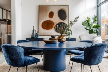 Modern Dining Room With Blue Chairs And Abstract Art