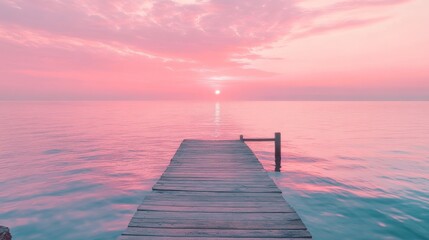 Stunning view on the pier during a captivating pink sunset over the sea. Experience the beauty of the pink sunset illuminating the tranquil waters from the pier.