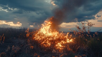 Fototapeta premium A bonfire made of dry plants burns brightly, creating a captivating scene with fire and smoke rising from the land plot, illustrating the essence of a bonfire in nature.