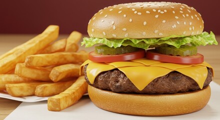 A delicious cheeseburger with fries served on a clean white plate against a warm background