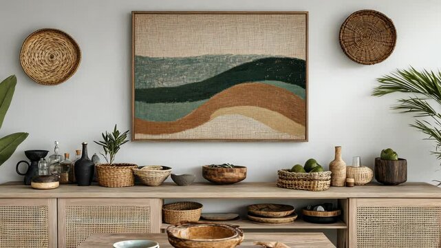 Decorative home interior featuring wavy artwork and natural materials in a modern dining area