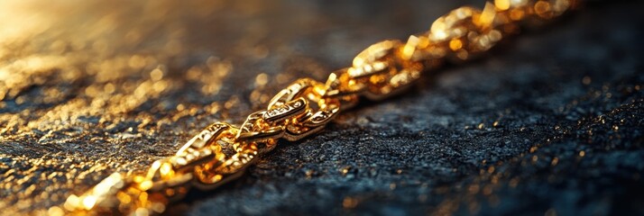 A close-up view of a shimmering gold chain, showcasing its intricate links and reflective surface against a textured background.