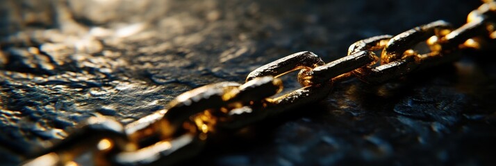 A close-up of a golden chain resting on a textured surface, illuminated by soft light, showcasing...