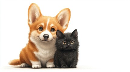 Obraz premium A friendly corgi and an adorable black cat sit together, showcasing their charming expressions and companionable nature.