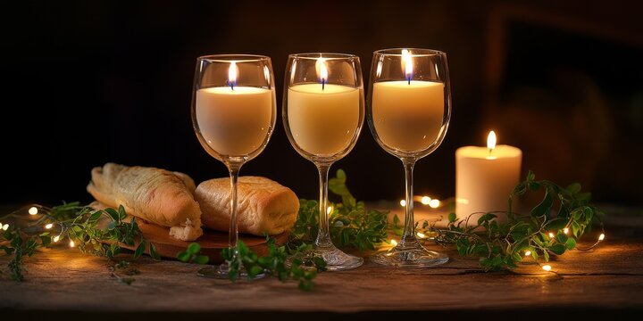 Three candles and a prosphora along with wine are beautifully arranged for communion, symbolizing the sacred essence of communion in a serene setting. Perfect for capturing the spirit of communion.