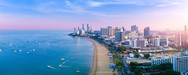 Panorama city Pattaya, sunrise on beach promenade Walking street. Aerial view landscape Thailand